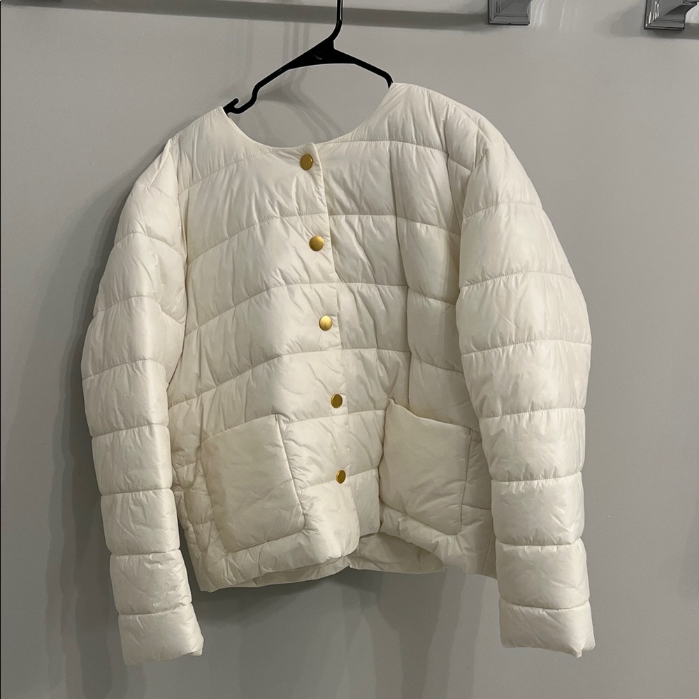 Ann Taylor Cream Puffer Jacket with Gold Accents